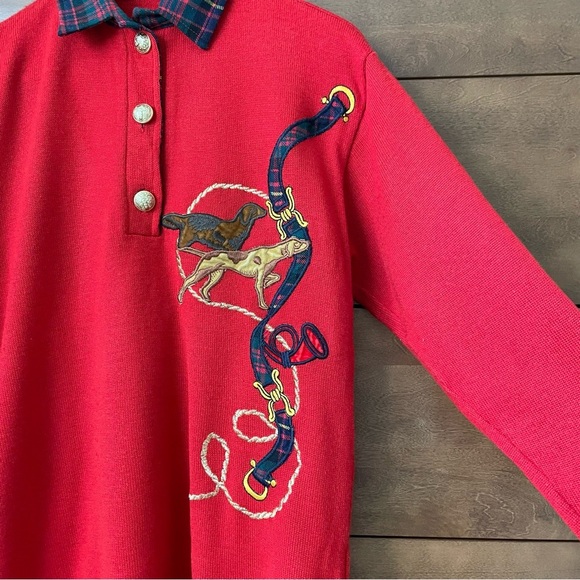 Vintage Men’s Polo Sweater Tartan Plaid Collar Merino Wool Equestrian Dog Preppy - Picture 4 of 14